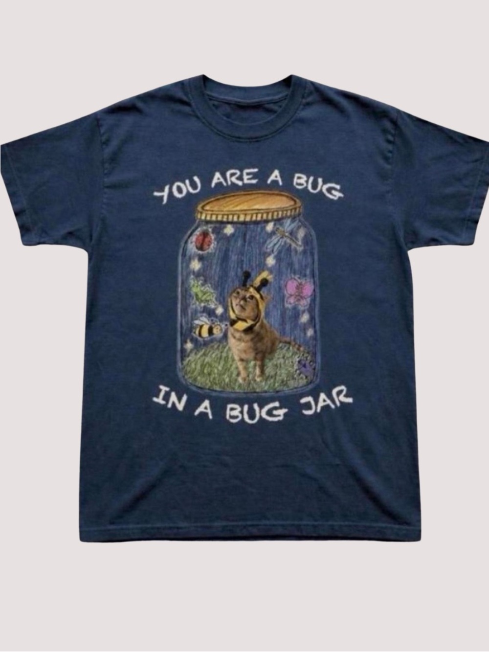 Navy Cute Cat and Many Colorful Bug Graphic Tee